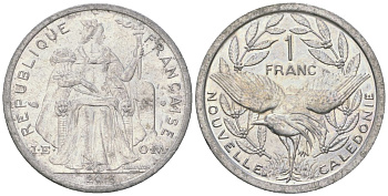 Французская Новая Каледония 1 франк 2013 птица кагу, (IEOM) KM 10, Schoen 10 алюминий 31-644