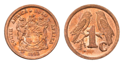 ЮАР 1 цент 1992 герб, капские воробьи KM 132 сталь плакированная медью UNC 4694-116