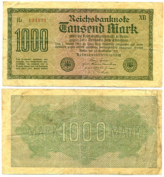 ГЕРМАНИЯ 1000 МАРОК 1922 15 СЕНТЯБРЯ 1922, ВОДЯНОЙ ЗНАК I, ЖЕЛТАЯ БУМАГА, СЕРИЯ XВ Pick 76b, Rosenberg 75d бумага 7548-25-1