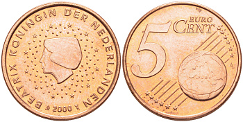 НИДЕРЛАНДЫ 5 ЕВРОЦЕНТОВ 2000 КОРОЛЕВА БЕАТРИКС KM 236 сталь плакированная медью 80-737
