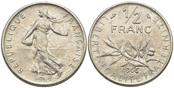 ФРАНЦИЯ 1/2 ФРАНКА 1966 СЕЯТЕЛЬ KM 931.1, LE FRANC 198.5 никель 175-933