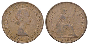 Великобритания 1 пенни 1963 Елизавета II (1952-2022) KM 897, Spink 4157 бронза 4661-915