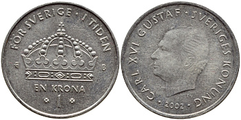 Швеция 1 крона 2002 Карл XVI Густав (1973- ) KM 894 медно-никель 4364-815