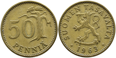 ФИНЛЯНДИЯ 50 ПЕННИ 1963 S KM 48 алюминиевая бронза 4364-2547