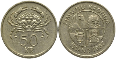 ИСЛАНДИЯ 50 КРОН 1987 КРАБ KM 31 никель латунь 181-645