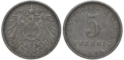 ГЕРМАНИЯ 5 ПФЕННИГОВ 1918 A KM 19, J. 297 железо 45-1151