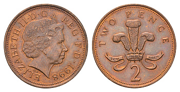 Великобритания 2 пенса 1998 Елизавета II (1952-2022) KM 987a, Spink C5A бронза 4637-1245