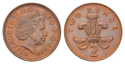 Великобритания 2 пенса 1998 Елизавета II (1952-2022) KM 987a, Spink C5A бронза 4637-1245