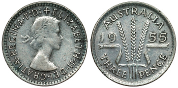 Австралия 3 пенса 1955 m, Елизавета II (1952-2022) KM 57 серебро 71-428