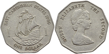 Восточно-Карибские штаты 1 доллар 1989 Елизавета II (1952-2022), парусник, первый год KM 20 медно-никель 4175-142