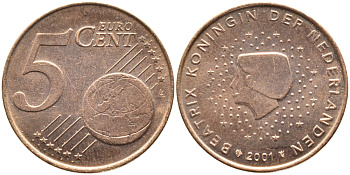 Нидерланды 5 евроцентов 2001 KM 236 сталь плакированная медью UNC 259-616