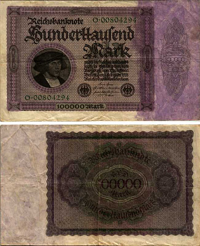 Германия 100000 марок 1923 Георг Гизе, без T под портретом, 8 цифр в номере Розенберг 82 а  бумага 434-7-1-1