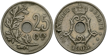 Бельгия 25 сантимов 1908 Belgie KM 63 медно-никель 4165-626