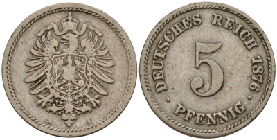 Германия 5 пфеннигов 1876 A, старогербовка KM 3, J. 3 медно-никель 4189-827