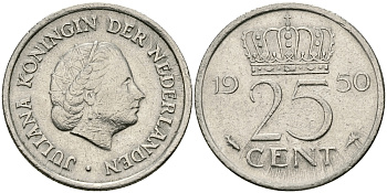 НИДЕРЛАНДЫ 25 ЦЕНТОВ 1950 ЮЛИАНА KM 183 никель 96-118