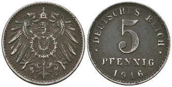 Германия 5 пфеннигов 1916 A, Вильгельм II (1888-1918) KM 19, AKS 17, J 297, Schon DM 20, Neum 33 железо 4588-143