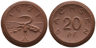 Саксония 20 пфеннигов 1921 колосья и серп J. N 53 фарфор UNC 1094-8-13