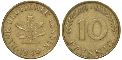 ФРГ 10 пфеннигов 1949 J KM 103, J. 378 сталь плакированная латунью 4163-322