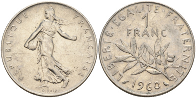 Франция 1 франк 1960 сеятель КМ 925.1 никель    4603-232