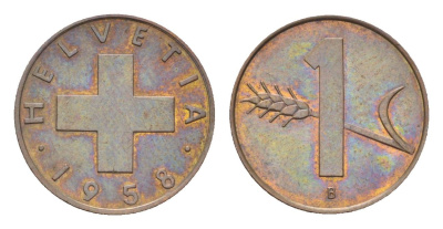 Швейцария 1 раппен 1958 B KM 46 бронза UNC 4708-246