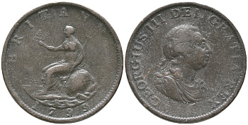 Великобритания 1/2 пенни 1799 Георг III (1760-1820) KM 647, Spink 3778 медь 32-411