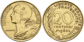 Франция 20 сантимов 1964 тип Марианна KM 930 медь алюминий никель    4153-355