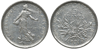 Франция 5 франков 1971 сеятель KM 926a.1, Le Franc 341.3 медно-никель плакированный никелем 72-1316