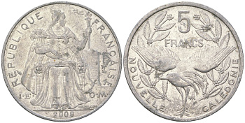 Французская Новая Каледония 5 франков 2008 птица кагу, (IEOM) KM 16, Schoen 12, Lec 81k алюминий 215-1015