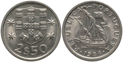 Португалия 2,5 эскудо 1984 парусник KM 590 медно-никель UNC 181-342