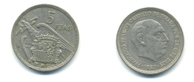 ИСПАНИЯ 5 ПЕСЕТ 1957 (74) ФРАНСИСКО ФРАНКО ДИКТАТОР ИСПАНИИ (1939-1975) KM 786 медно-никель 80-1124