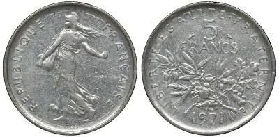 Франция 5 франков 1971 сеятель KM 926a.1, Le Franc 341.3 медно-никель плакированный никелем 72-1316