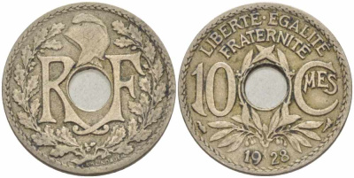 ФРАНЦИЯ 10 САНТИМОВ 1928 ТИП ЛИНДАЙЁ KM 866а, LE FRANC 138.15 медно-никель 108-156