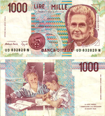 Италия 1000 лир 1990 Мария Монтессори Pick 114b 8592-48-3-2