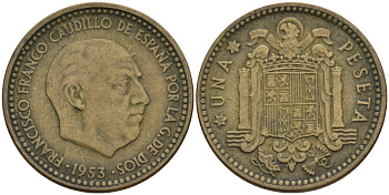 Испания 1 песета 1953 (56) Франсиско Франко (1939 - 1975) KM 775 алюминиевая бронза 4155-332