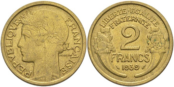 ФРАНЦИЯ 2 ФРАНКА 1939 ТИП MORLON KM 886, LE FRANC 268.12 алюминиевая бронза 3855-131