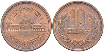 ЯПОНИЯ 10 ЙЕН 1974 ГОД 49, ИМПЕРАТОР ХИРОХИТО СЁВА (1926-1989) KM 73а бронза 4511-532