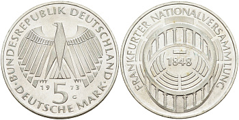 ФРГ 5 марок 1973 G, 125 лет Франкфуртскому парламенту J. 412, KM 137 серебро  UNC  4117-236