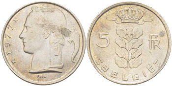 БЕЛЬГИЯ 5 ФРАНКОВ 1977 BELGIE, БОДУЭН I (1951-1993) KM 135.1 медно-никель 202-1224