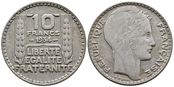 Франция 10 франков 1931 Пьер Тюрен KM 878, Le Franc 360.4 серебро 79-1423