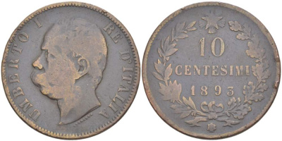 ИТАЛИЯ 10 ЧЕНТЕЗИМО 1893 BЛ, МОНДВОР БИРМИНГЕМ, УМБЕРТО I (1878-1900) KM 27.1 медь 4526-941