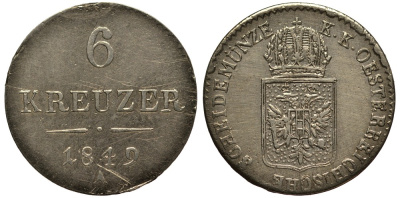 Австрия 6 крейцеров 1849 A, Франц Иосиф I (1848-1916) KM 2200 серебро 413-4311