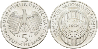 ФРГ 5 марок 1973 G, 125 лет Франкфуртскому парламенту J. 412, KM 137 серебро  UNC  4117-236
