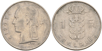 БЕЛЬГИЯ 1 ФРАНК 1963 BELGIE KM 143.1 медно-никель 4563-1245