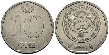 КИРГИЗИЯ 10 СОМ 2009 KM 43 сталь плакированная никелем 24-1121