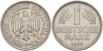 ФРГ 1 марка 1956 D KM 110, J.385 медно-никель    4153-525
