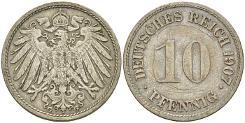 Германия 10 пфеннигов 1907 G KM 12, J. 13, Weege 8 медно-никель 259-954
