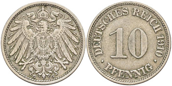 Германия 10 пфеннигов 1910 G KM 12, Jager 13, Weege 8 медно-никель 219-212