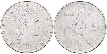 ИТАЛИЯ 50 ЛИР 1962 R, КУЗНЕЦ, ВУЛКАН БОГ ОГНЯ, ДИАМЕТР 25 ММ. KM 95.1 нержавеющая сталь 4448-936