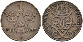 Швеция 1 эре 1923 Густав V (1907-1950) KM 777.2 бронза 4585-312