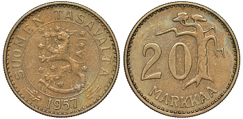 ФИНЛЯНДИЯ 20 МАРОК 1957 H KM 39 алюминиевая бронза 3334-741